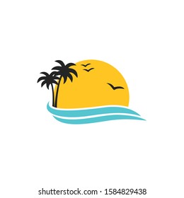 sunset or sunrise beach logo design vector