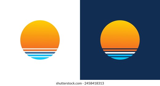 Sunset sunrise beach retro icon logo vector horizon sea vintage