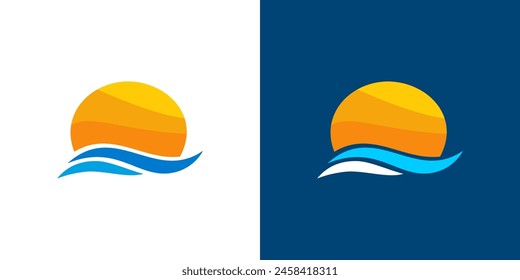 Sunset sunrise beach sea icon logo vector circle wave illustration