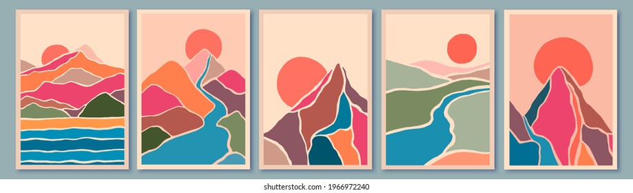 Sunset, sunrise beautiful colorful landscape. Mountain, river view, sea. Hills, fields, sun, moon, perspective. Paper cut style with grunge texture. Flat abstract, line art poster, card design. 