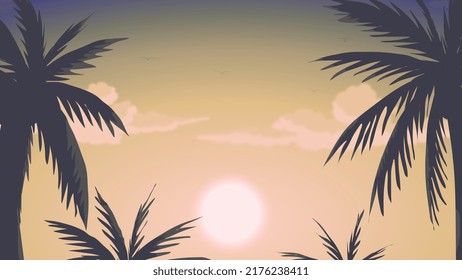 Sunset or sunrise behind coconut trees. Aspect ratio 16:9. Vector.