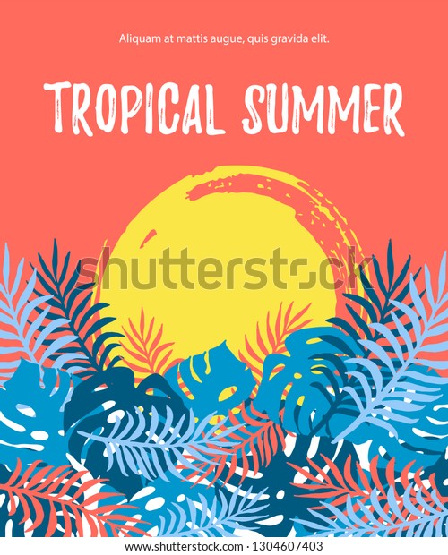 Sunset Sunrise Blue Golden Exotic Leaves Stock Vector Royalty