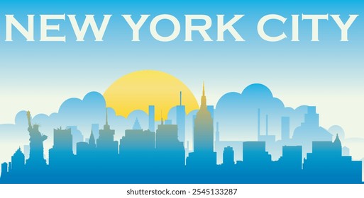 Puesta del sol - salida del sol de la silueta azul horizonte de la ciudad de la ciudad de Nueva York con el fondo azul claro con las nubes con la inscripción del nombre de la ciudad