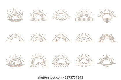 Sonnenuntergang und Sonnenaufgang Boho Symbol. Meditation, Himmel und Zaubersonne, zodiaktischer Sonnenaufgang dünne Linie Vektorschilder untergehen. Alchimie-Sonnenuntergang umrissen Symbole oder Symbole mit Sonnenscheibe auf dem Meer, Berghorizont