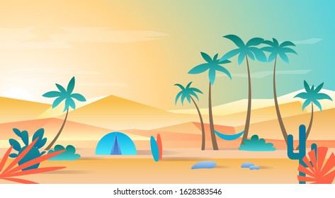 Sunset, sunrise by the sea, ocean. Vector image of a holiday on the beach. Background with cacti, tent, surfboards. Summer landscape illustration with palms. Flat design