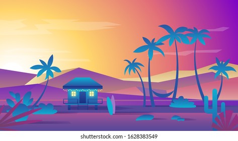 Sunset, sunrise by the sea, ocean. Vector image of a holiday on the beach. Background with cacti, bungalows, surfboards. Summer landscape illustration with palms. Flat design