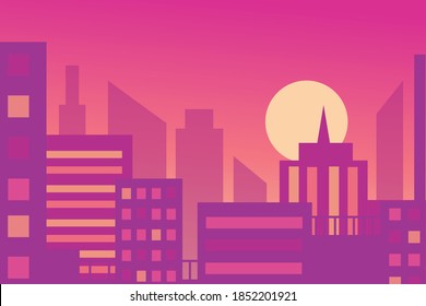 Sunset or sunrise in the city with high-rise buildings and evening sky. Colorful cityscape illustration in bright colours: pink, yellow, purple, orange. Flat stock vector background.
