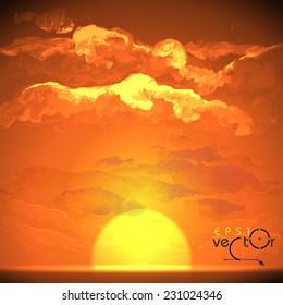 Sunset, Sunrise With Clouds. Painting Picture. Vector Illustration. Eps 10