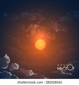 Sunset, Sunrise With Clouds. Painting Picture. Vector Illustration. Eps 10