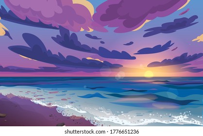 Atardecer o amanecer, amanecer en el mar con nubes en el cielo. La orilla del océano con olas que rompen sobre ella y espuma marina. Hermoso paisaje. Ilustración vectorial de dibujos animados.