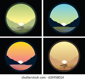 Sunset and sunrise in desert and mountains
vector nature landscape set
black background