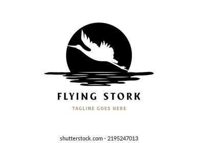 Sunset Sunrise with Flying Stork Heron Flamingo Ibis Bird Silhouette Logo Design Vector