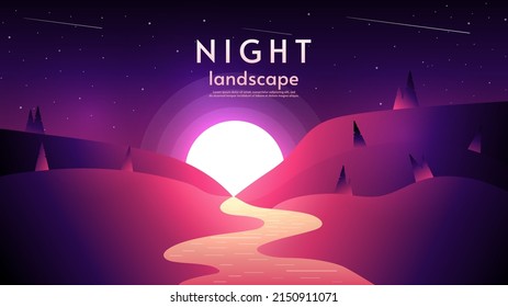 Sunset or sunrise with hills. Vector illustration with beautiful background, nature landscape in flat style. Night view. Cartoon style illustration. Design for poster, wallpaper, touristic card.