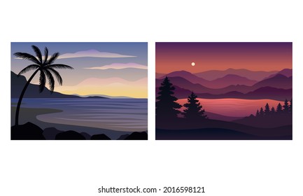 Sunset or Sunrise Horizontal Landscape View Vector Set