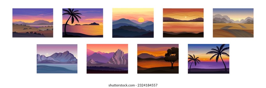 Sunset or Sunrise Horizontal Landscape View Vector Set