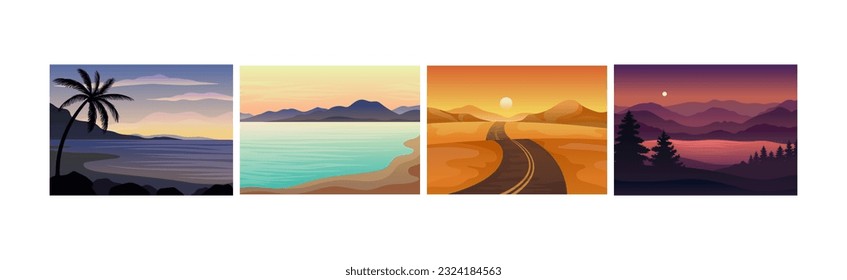 Sunset or Sunrise Horizontal Landscape View Vector Set