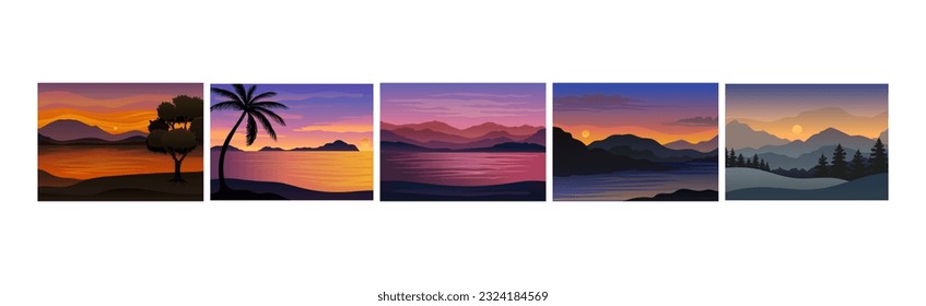 Sunset or Sunrise Horizontal Landscape View Vector Set