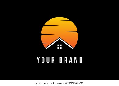 Sunset Sunrise With House For Real Estate Or Cabin Chalet Logo Design Vector