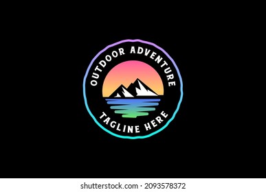 Sunset Sunrise with Ice Mountain and River Creek Lake Sea for Outdoor Adventure Badge Emblem Label Logo Design
