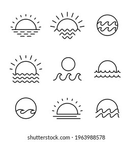 Sunset or sunrise icon set. Linear simple sun and sea symbol. Sunburst and ocean