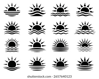 Puesta del sol, Vector del conjunto del icono de la salida del sol en el fondo blanco.