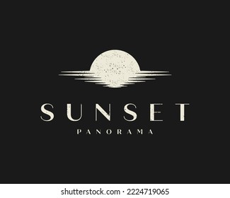 Sunset Sunrise Landscape Nature Sun Dawn Dusk Sea Beach Grunge Vintage Retro Vector Logo Design