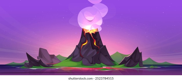 Sonnenuntergang oder Sonnenaufgang Landschaft mit Vulkanausbruch auf der Insel im Meer oder Ozean. Cartoon Vektor Jurassic Periode Landschaft mit vulkanischen Felsen Bergausbruch, orangefarbenes Magma und Rauchwolke explodiert.