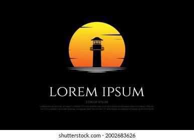 Sunset Sunrise Lighthouse Searchlight Beacon Tower Island Beach Logo Design Vector