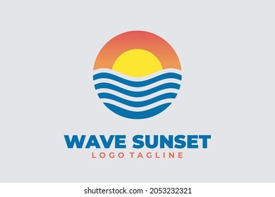 Diseño del logo de la puesta de sol o de la salida del sol con el concepto de círculo del sol y las olas