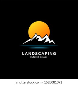 sunset / sunrise logo with mount and beach landscape logo templates