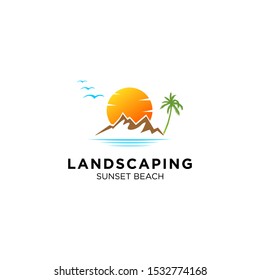 sunset / sunrise logo with mountain and beach landscape logo templates