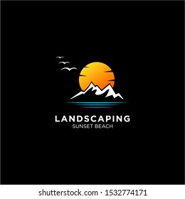 sunset / sunrise logo with mountain and beach landscape logo templates