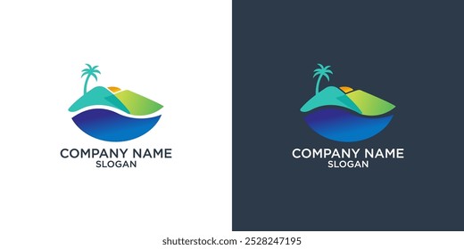 sunset, sunrise logo with mountain and beach landscape logo templates