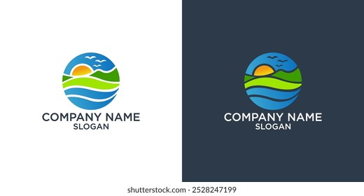 sunset, sunrise logo with mountain and beach landscape logo templates