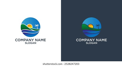 Puesta del sol, logotipo de la salida del sol con las Plantillas del logotipo del paisaje de la montaña y de la playa