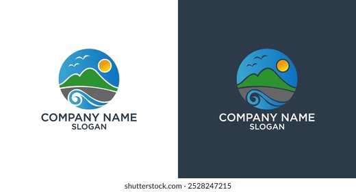 pôr do sol, nascer do sol logotipo com montanha e praia paisagem modelos de logotipo