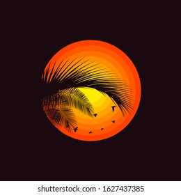 Sunset or sunrise logo with palm leaves silhouette. Tropical background. Resort and spa emble. Summer vacation. Isolated on white. 