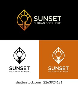 Logo de la puesta del sol o de la salida del sol. El sol sobre las olas del agua. Diseño minimalista.
Logotipo de esquema de vector de arte de línea minimalista