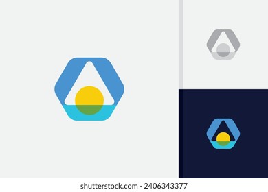 sunset or sunrise logo, water sun and mountain illustration vector template