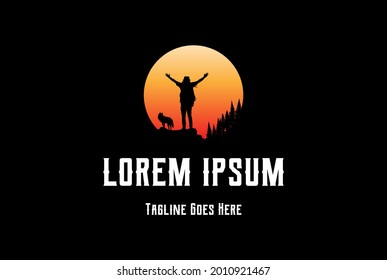 Sunset Sunrise Man Climbing on Mountain Top with Wolf Dog and Pine Cedar Evergreen Fir Forest Logo Design Vector