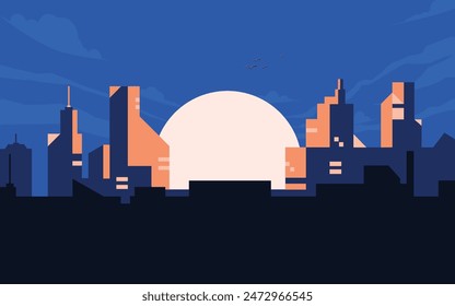 Atardecer o amanecer Fondo urbano de rascacielos de la ciudad moderna. Ilustración vectorial de edificios altos, estilo cómico