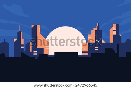 Sunset or sunrise Modern city skyscrap urban background. Vector illustration of tall buildings, comic style