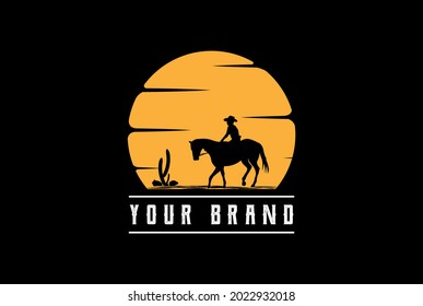 Sunset Sunrise or Moon with Female Woman Cowboy Riding Horse Silhouette Logo Design Vector