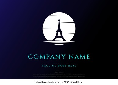 Sunset Sunrise Moon French Eiffel Tower Logo Design Vector