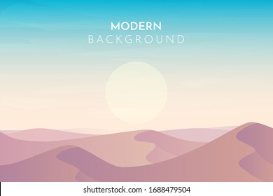 Sunset, sunrise, morning in desert, mountains, Abstract landscape, Vector banner with polygonal landscape illustration, Minimalist style
