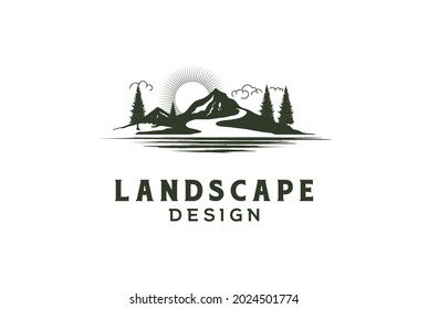 Sunset Sunrise Mountain Hill Pine Forest With River Creek Lake Landscape View Logo Design Vector