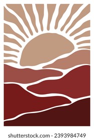 Sunset and sunrise mountain lanscape panorama organic doodle shapes matisse style, naive art, contemporary backgrounds. beach and mountains vector illustration