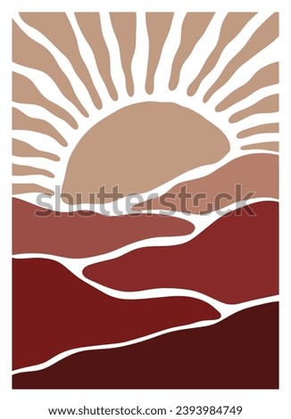Sunset and sunrise mountain lanscape panorama organic doodle shapes matisse style, naive art, contemporary backgrounds. beach and mountains vector illustration