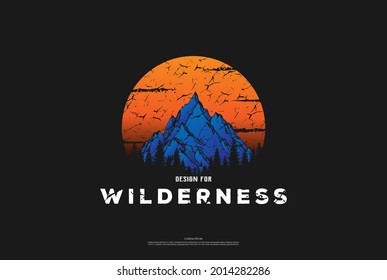 Sunset Sunrise Mountain Pine Evergreen Fir Hemlock Spruce Conifer Cedar Coniferous Cypress Larch Trees Forest Logo Design Vector