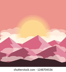 Sunset sunrise mountains in clouds fog vector illustration
